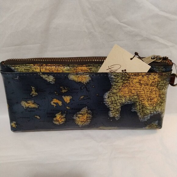 Patricia Nash \'Vetralla\' Leather Wristlet /W RFID Protection Greek Map Print-NWT